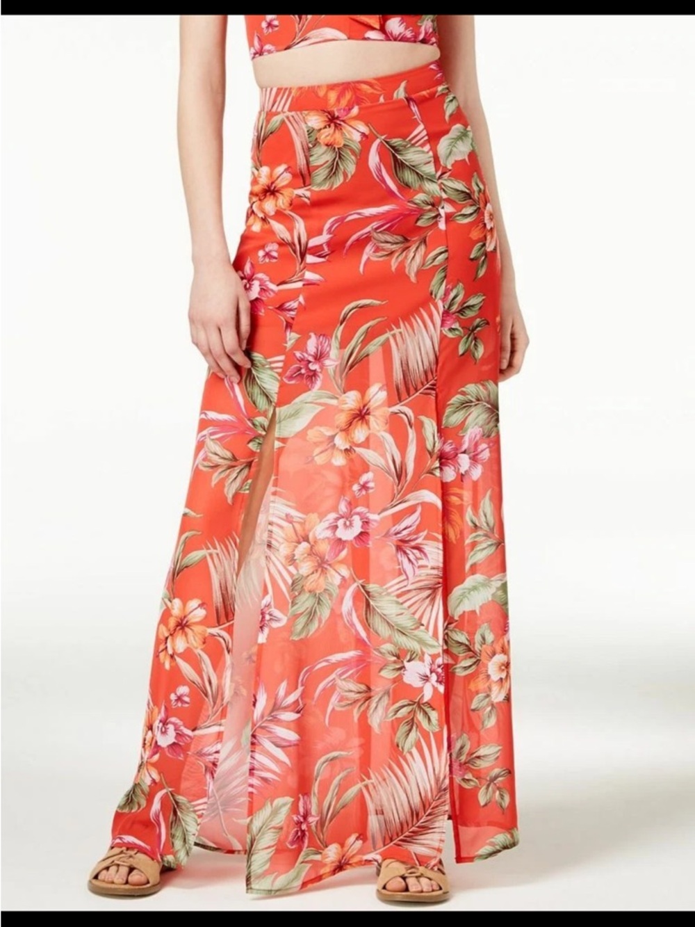 City Studio Coral Tropical Floral Maxi Skirt